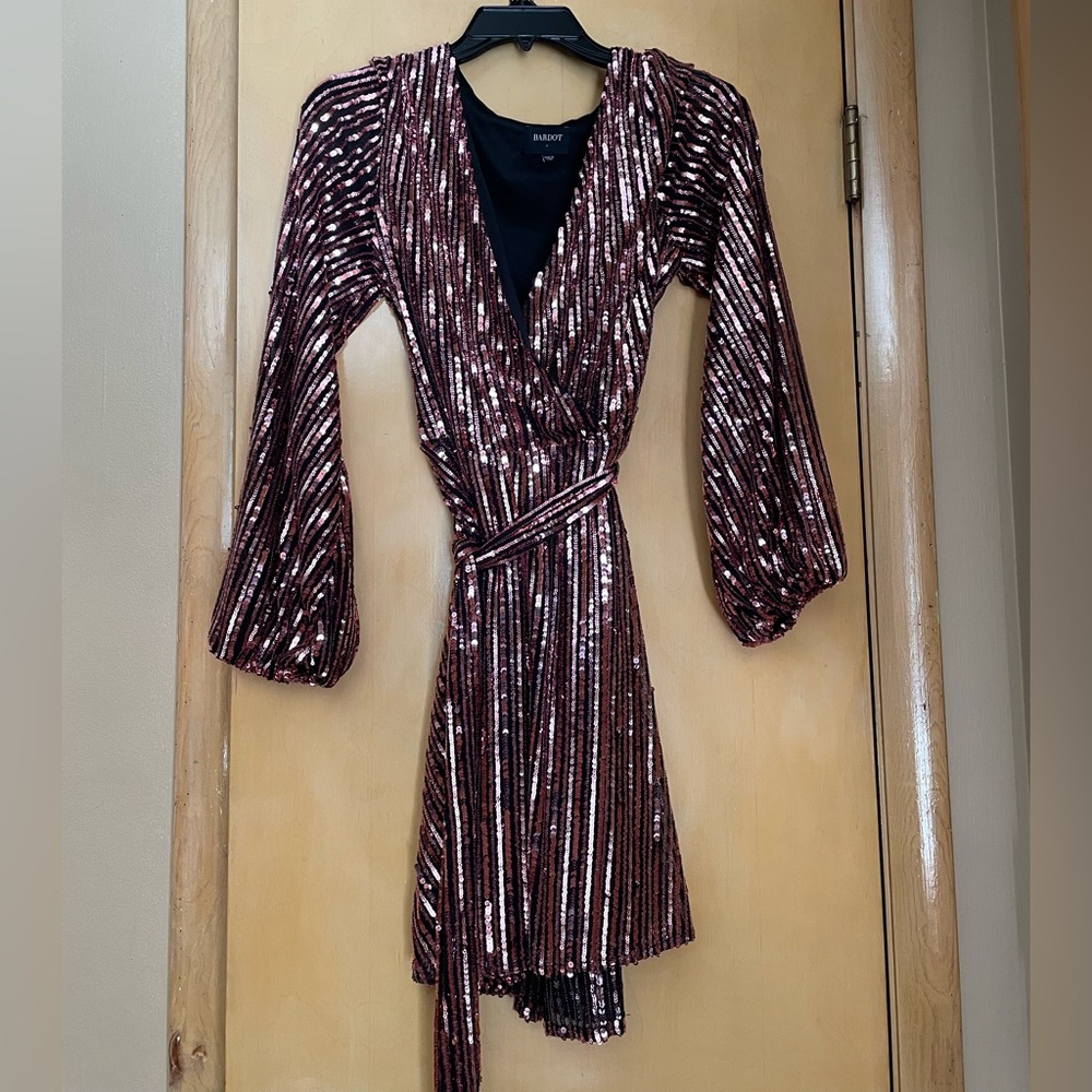 Bardot Burgundy Sequin Wrap Dress